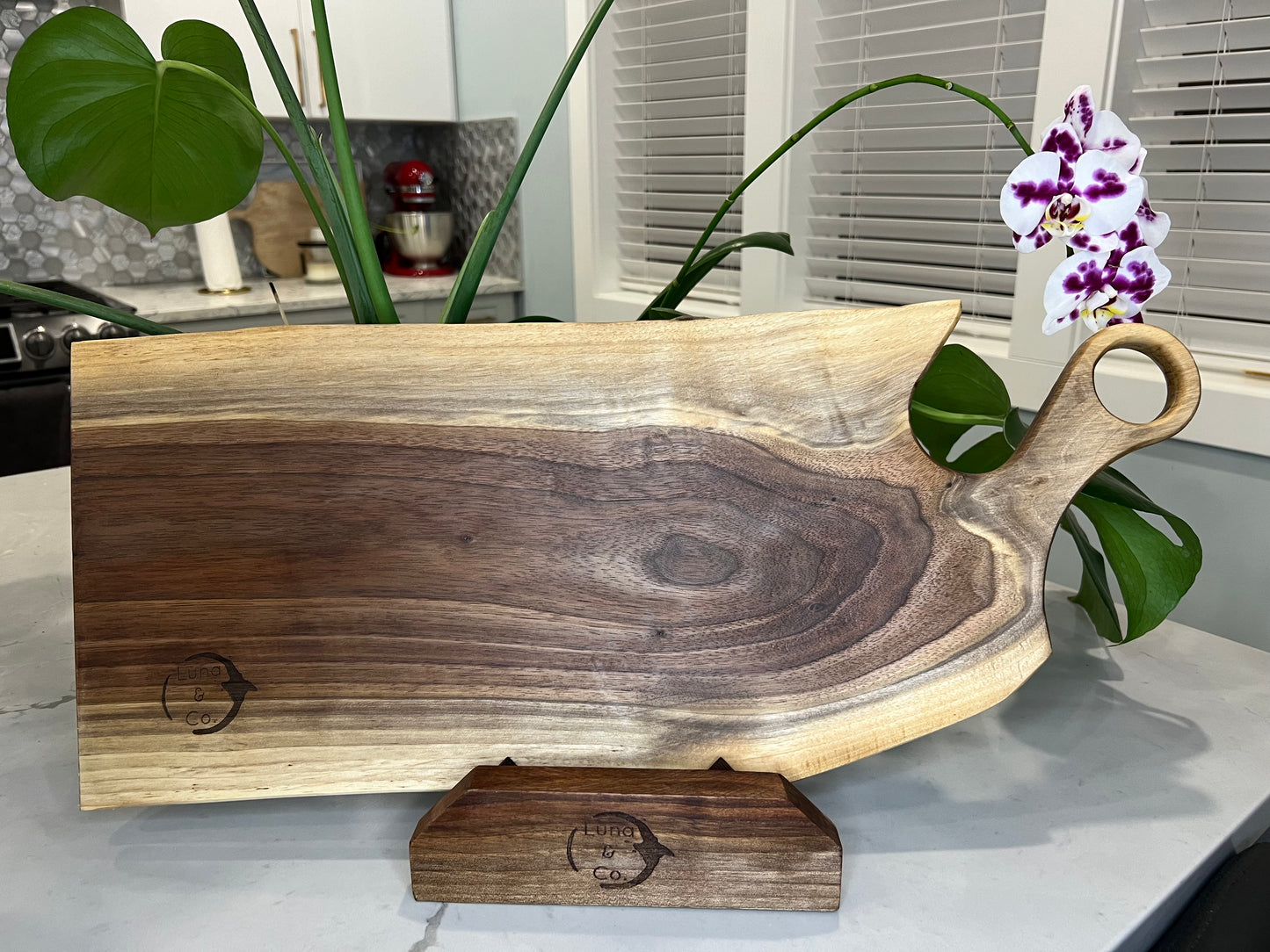 White pearl, fractal burn, walnut charcuterie board