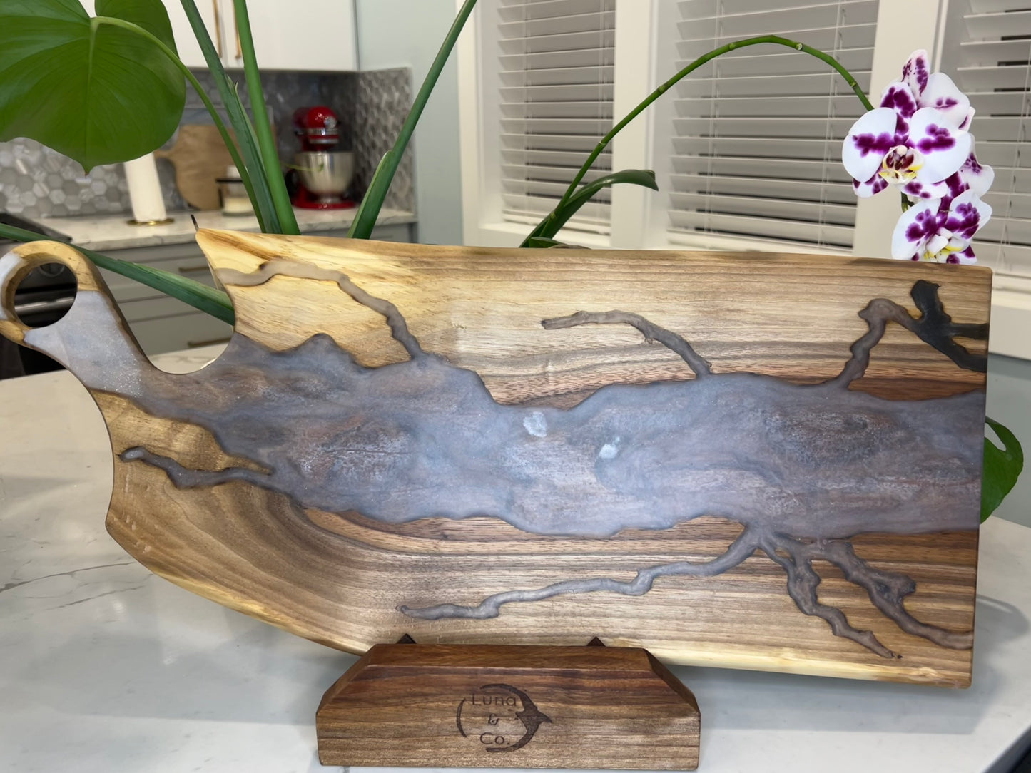 White pearl, fractal burn, walnut charcuterie board